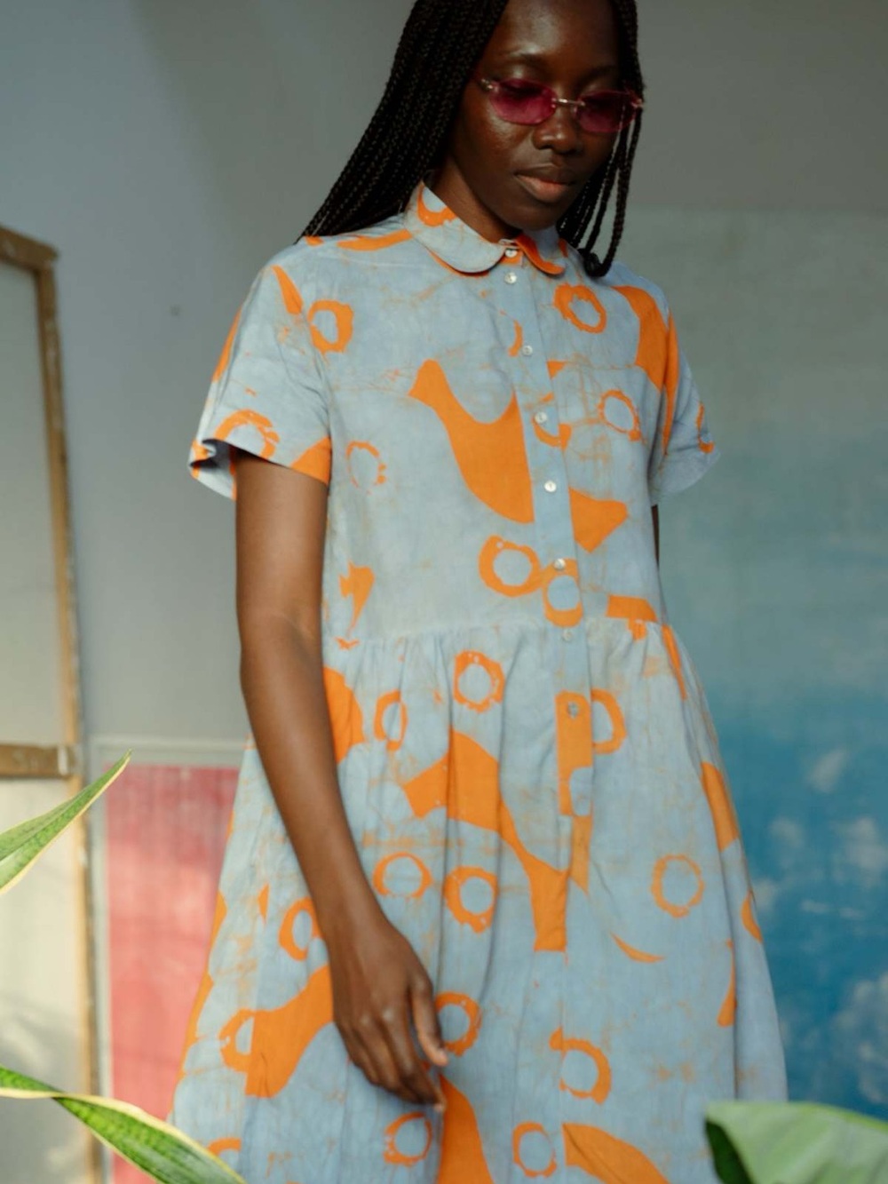 Osei Duro Helia Dress in All Ideas Blue/Rust Short-Sleeve Pockets Button-Front